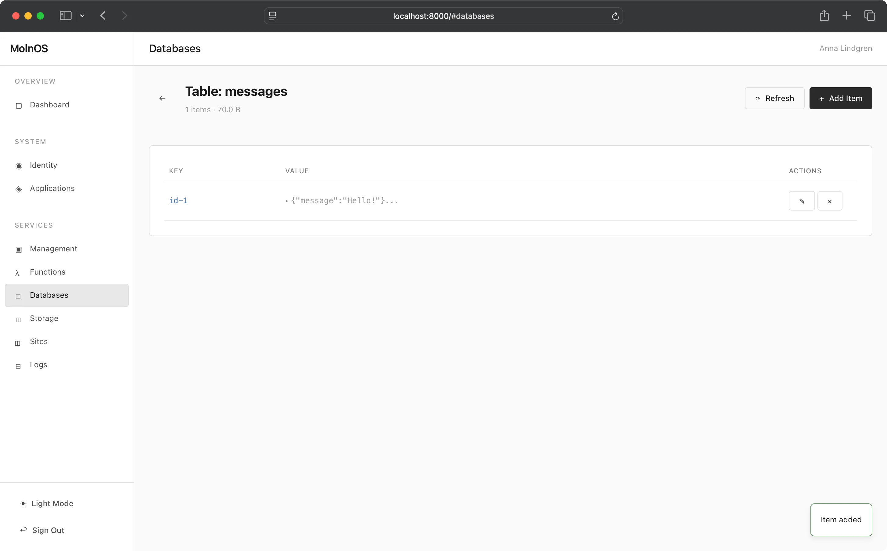 Viewing a table in Databases